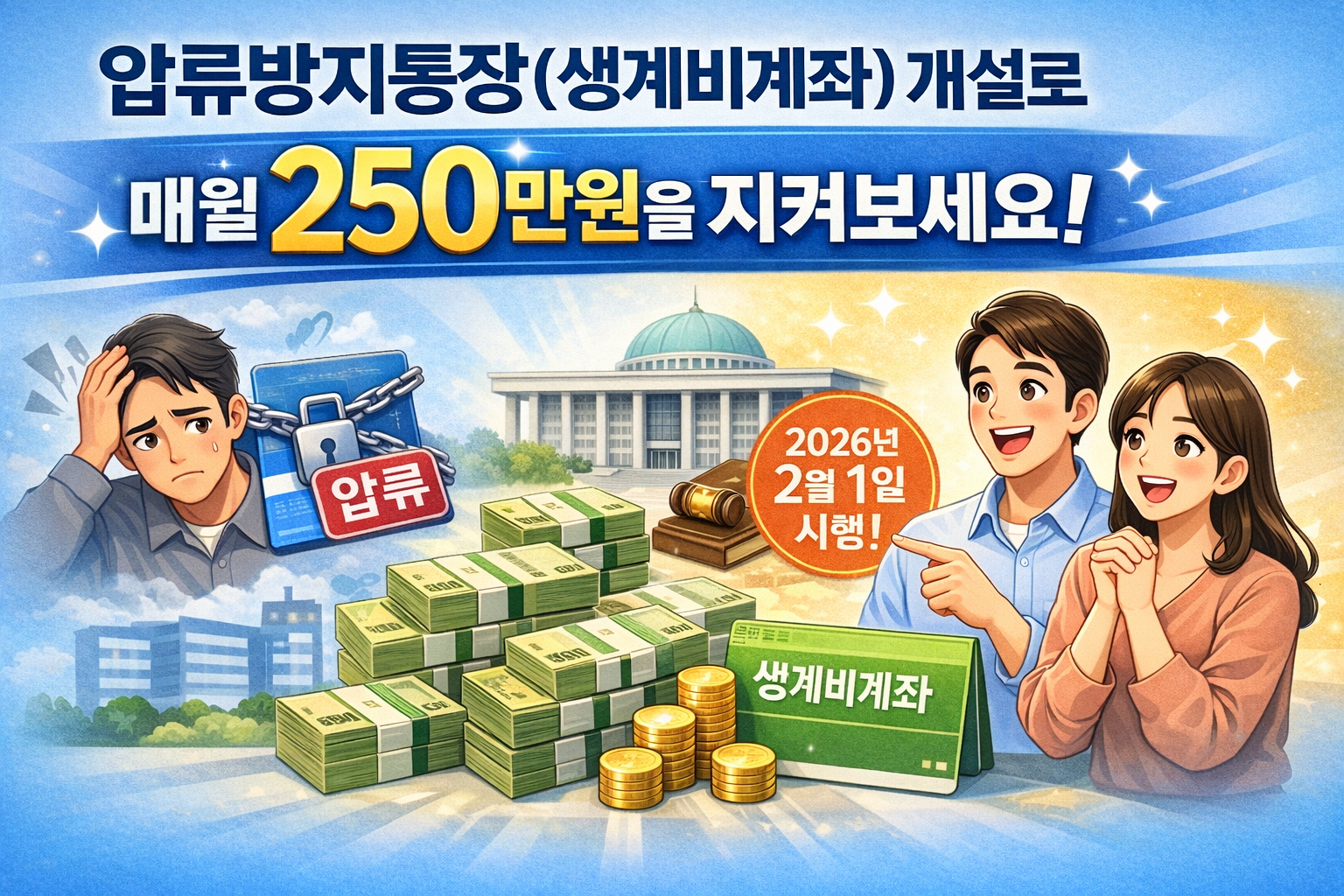 압류를 고민하는 사람, 국회 그림, 압류 고민을 해결한 남녀 이미지