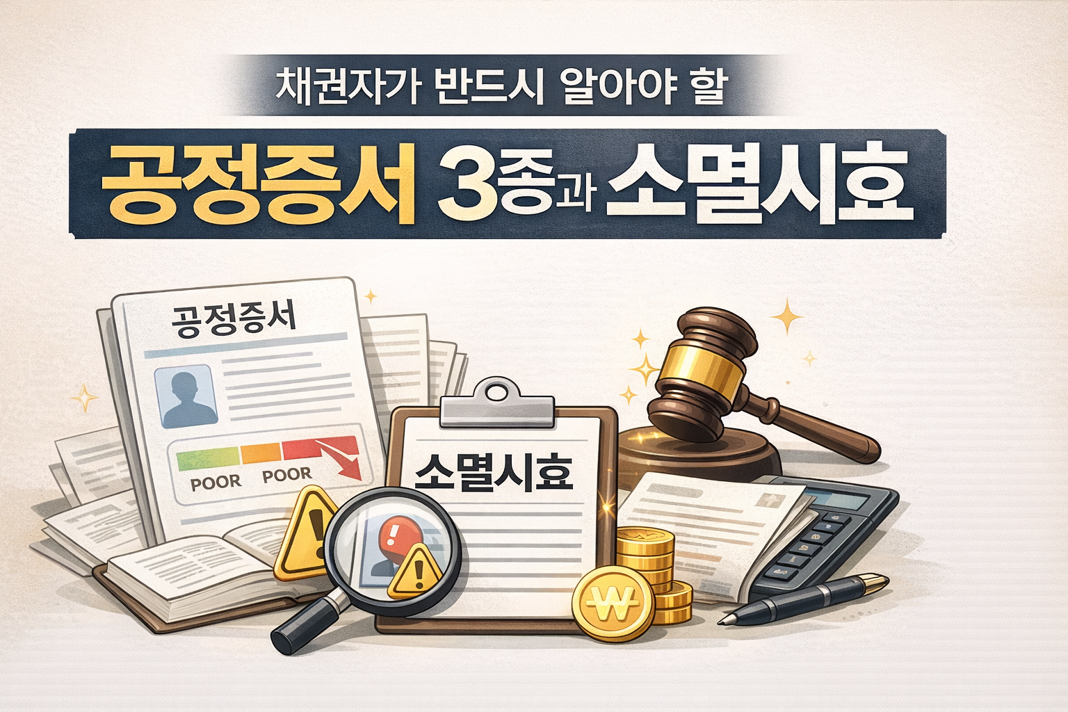 공정증서 3종과 소멸시효 문구와 판사봉 그림_AI활용