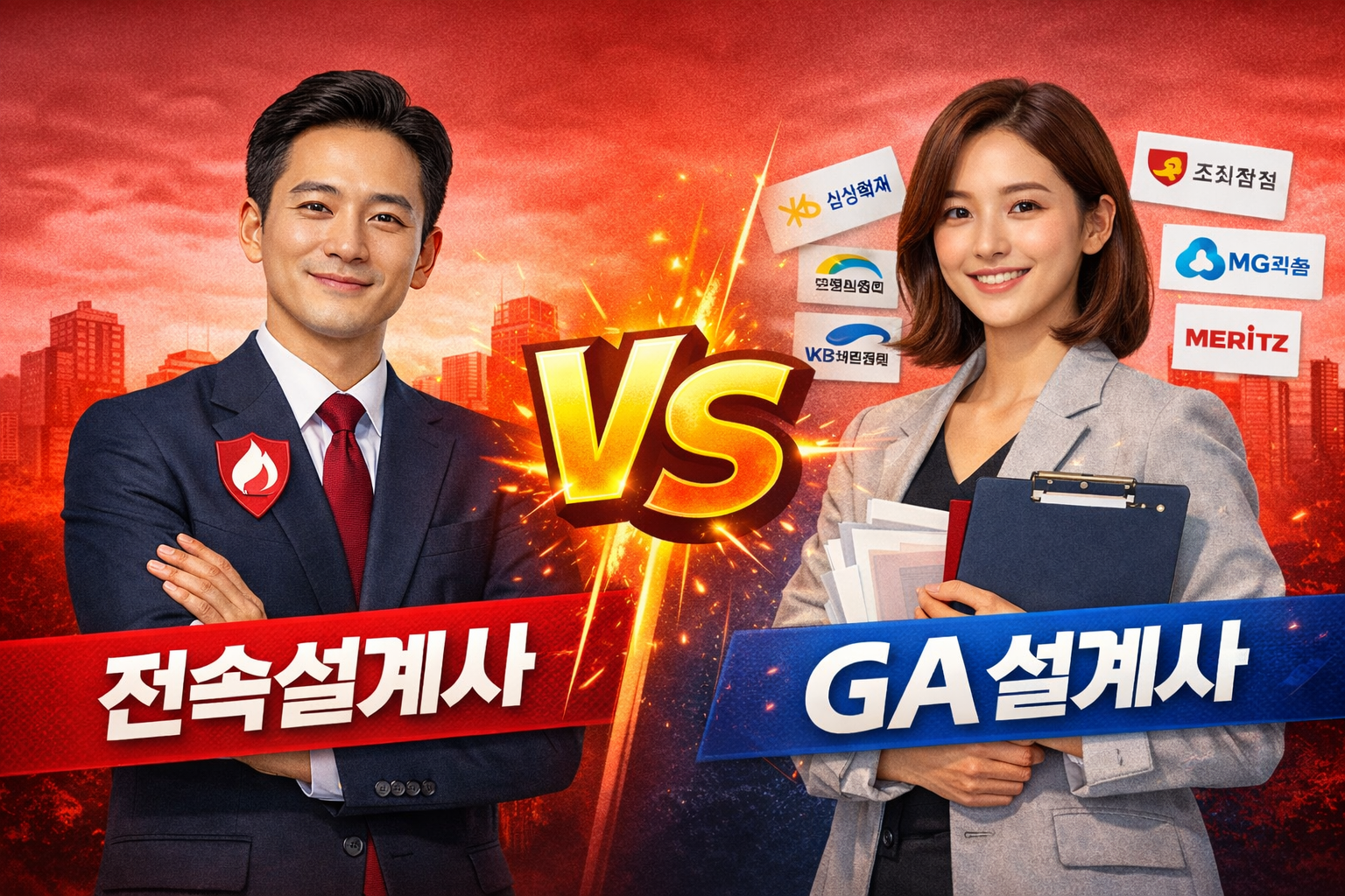 전속설계사(남자)와 GA설계사(여자)가 각 팔짱을 끼고 있는 이미지_챗지피티 그림