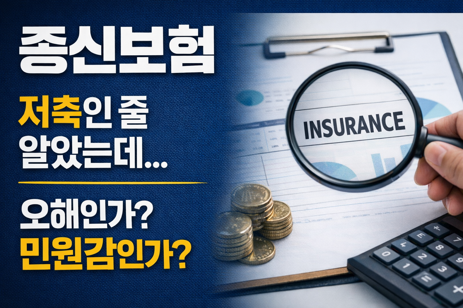 종신보험 저축성으로 오인, 민원대상인가 문구에 돋보기가 insurane 글을 확대하고 있는 그림_AI로 제작