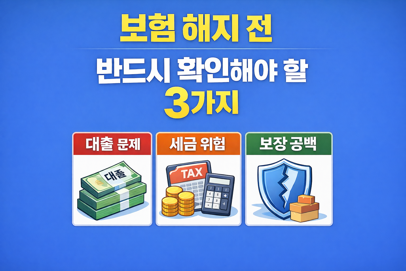 보험 해지 전 반드시 확인해야 할 3가지 – 보험계약대출, 세금 문제, 보장 공백을 설명하는 블루 배경 보험 정보 썸네일