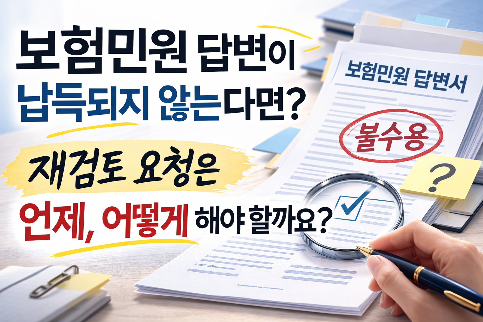 보험민원 답변서에 동의하지 않을 때 재검토 요청 방법과 절차를 안내하는 썸네일 이미지