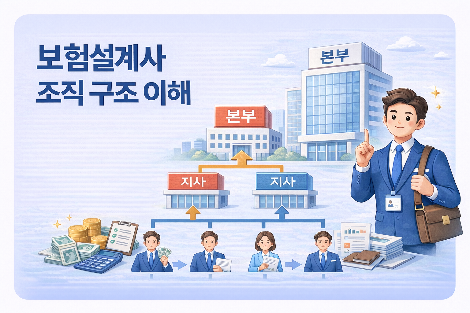 보험설계사 조직 구조와 지사·본부 운영 방식을 설명하는 인포그래픽 이미지