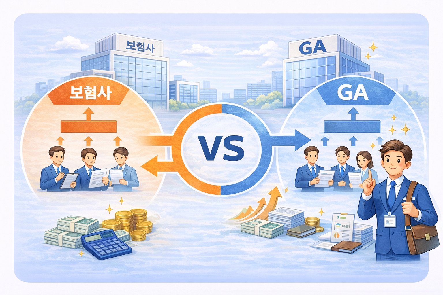 보험사와 GA의 판매 구조 차이를 비교 설명하는 인포그래픽 이미지