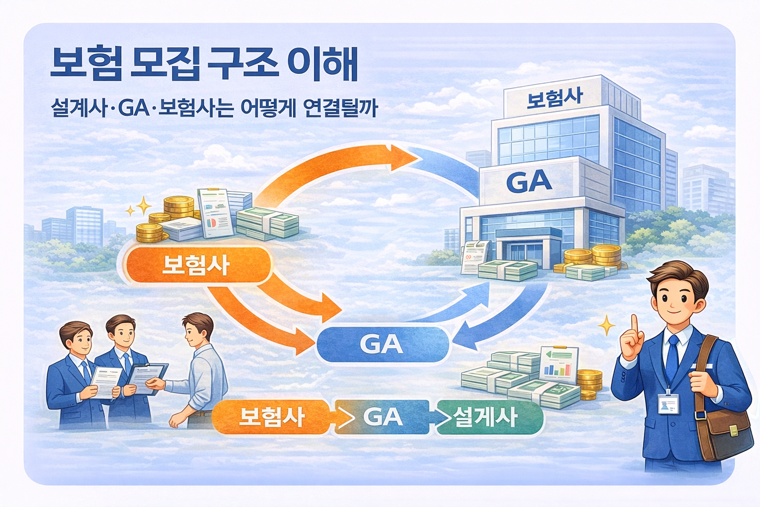 보험 모집 구조와 보험사·GA·설계사 연결 흐름을 설명하는 인포그래픽 이미지