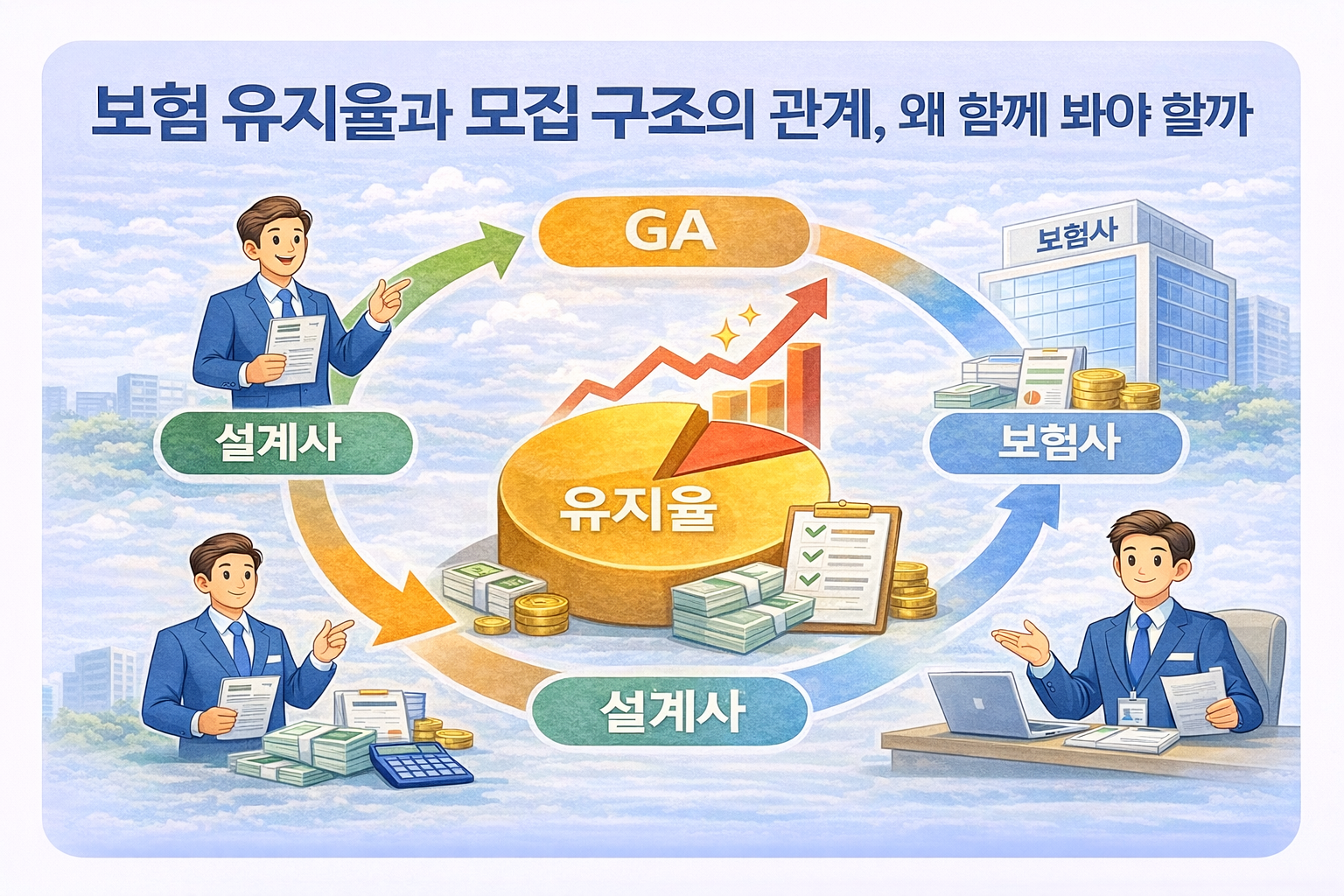 보험 유지율과 모집 구조의 관계를 설명하는 인포그래픽 이미지