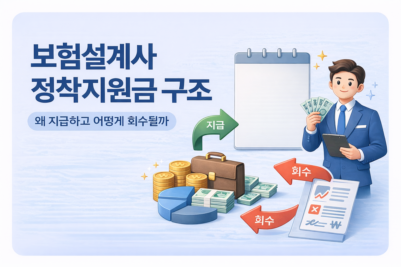 보험설계사 정착지원금 구조와 지급 및 회수 흐름을 설명하는 인포그래픽 이미지