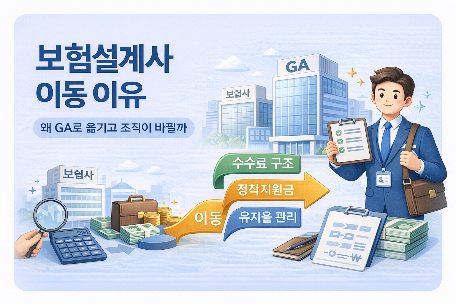 보험설계사 이동 이유와 GA 이동 구조를 설명하는 인포그래픽 이미지