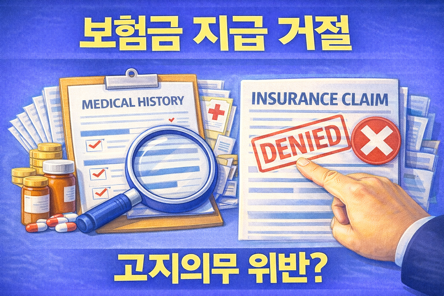 보험금 지급 거절 상황에서 고지의무 위반 여부를 확인해야 하는 판단 구조를 설명하는 이미지