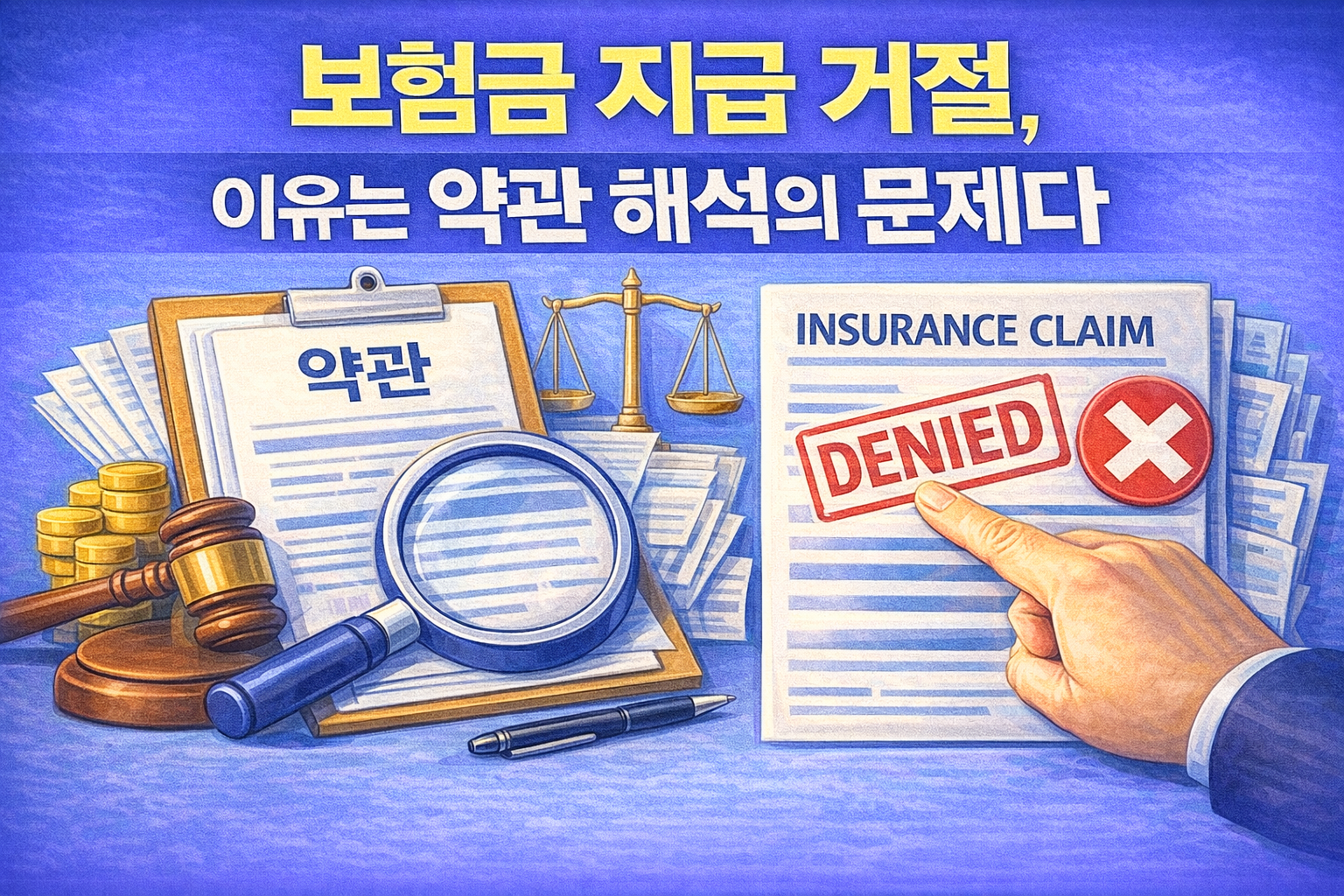 보험금 지급 거절이 약관 해석에 따라 달라지는 판단 구조를 설명하는 이미지