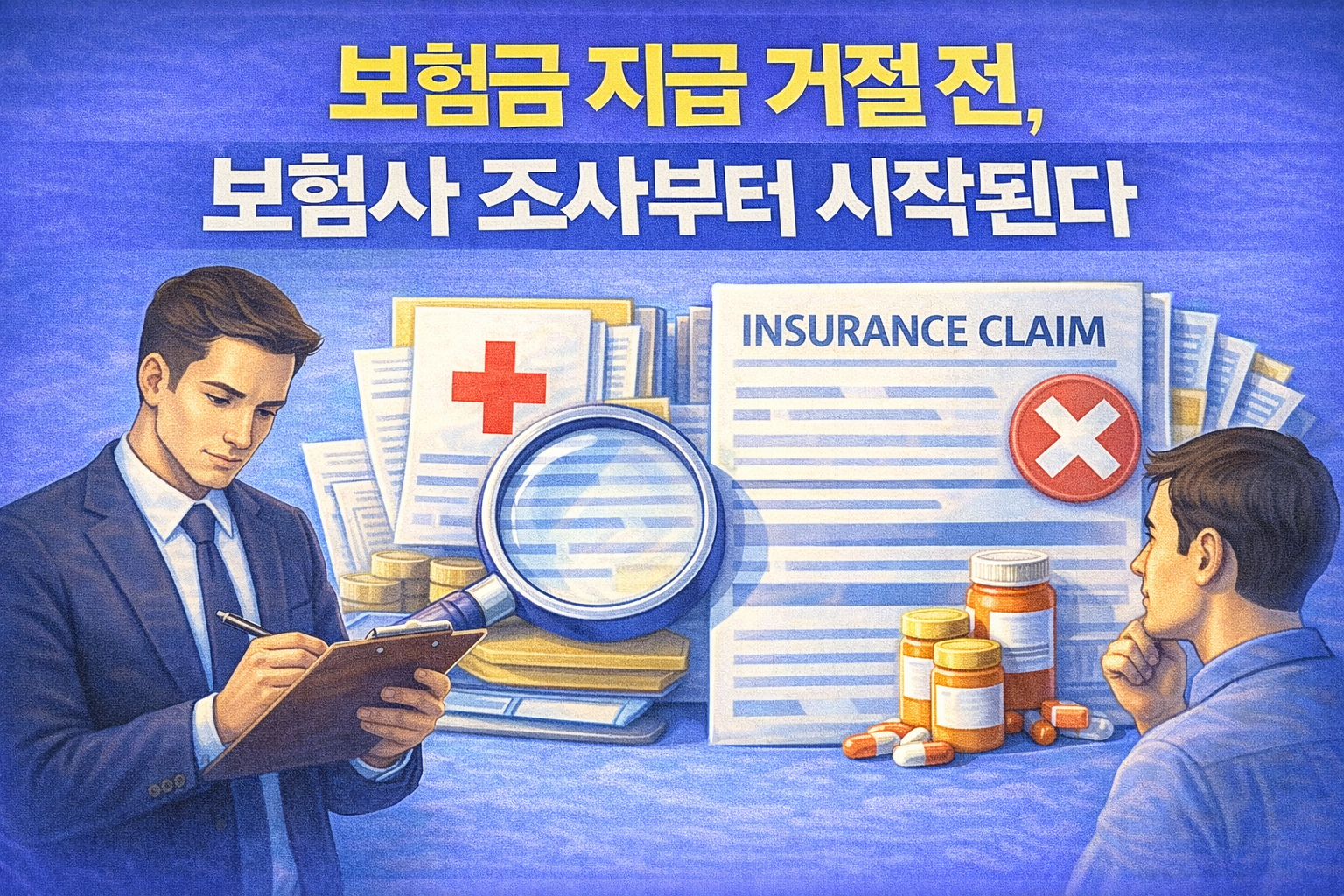 보험금 지급 거절 전 보험사가 조사 과정을 통해 사고와 치료 이력을 확인하는 구조를 설명하는 이미지