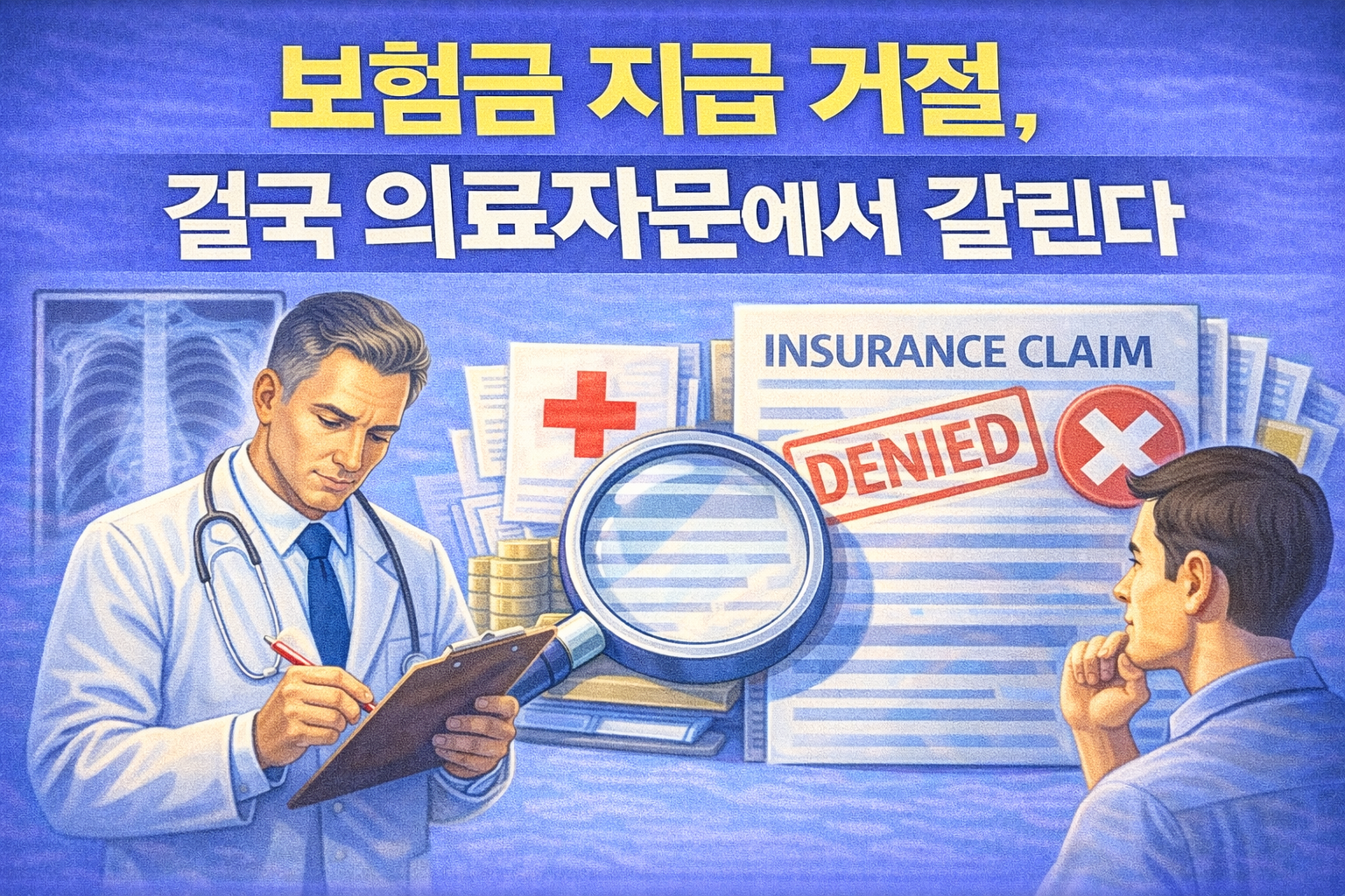 보험금 지급 거절이 의료자문 단계에서 외부 전문가 판단에 따라 달라지는 구조를 설명하는 이미지