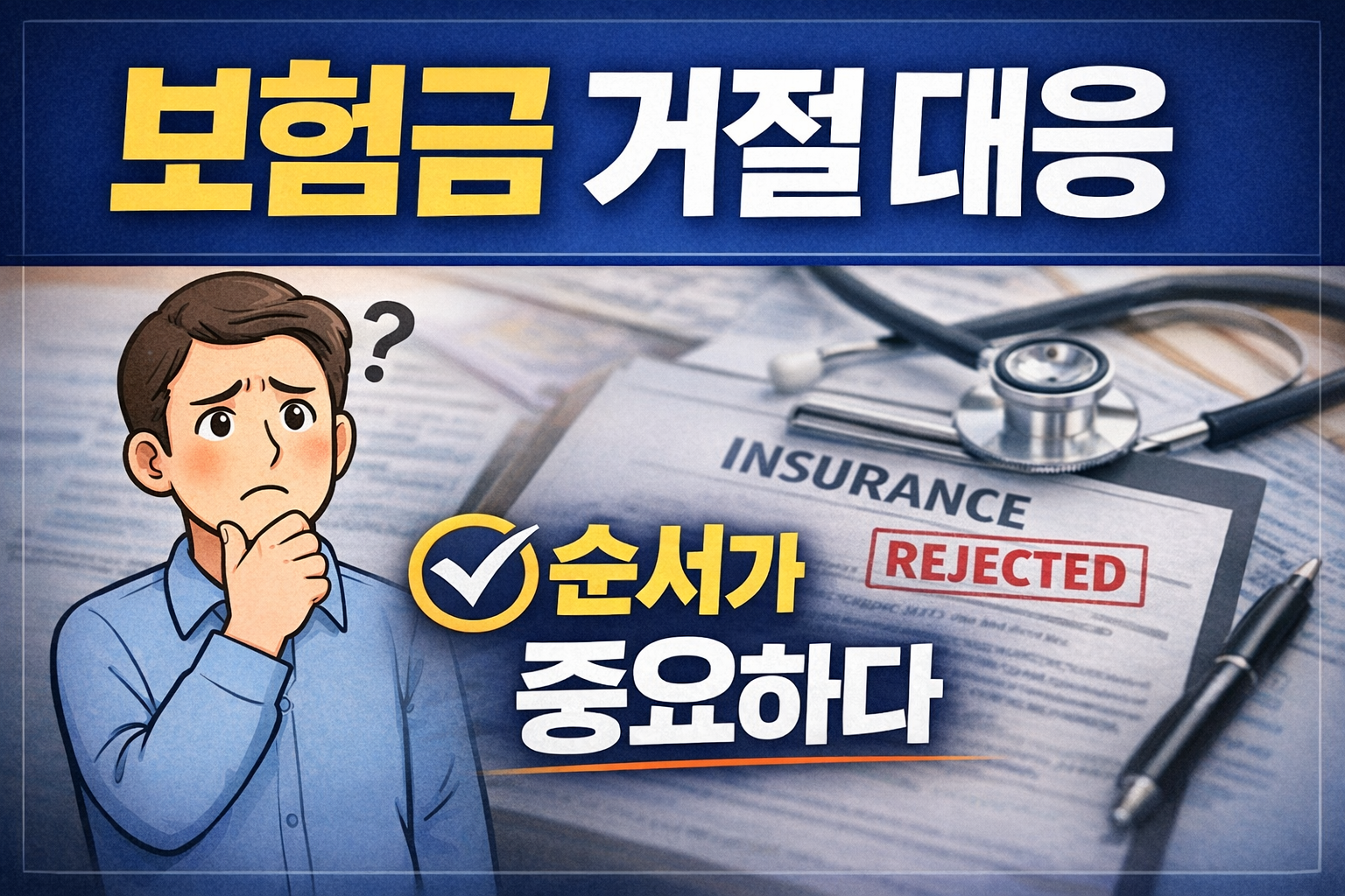 보험금 지급 거절 이후 대응 순서와 방법이 중요하다는 내용을 설명하는 텍스트형 썸네일 이미지