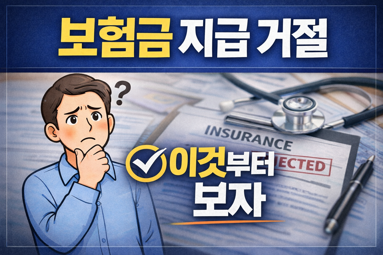 보험금 지급 거절 이후 무엇부터 확인해야 하는지 핵심 순서를 설명하는 텍스트형 썸네일 이미지