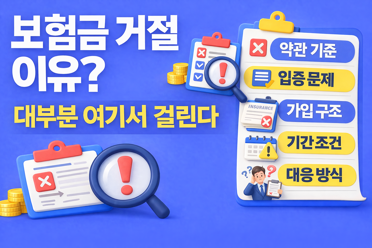 보험금이 거절되는 주요 5가지 이유를 약관 기준과 입증 문제, 계약 구조 흐름 중심으로 설명하는 이미지