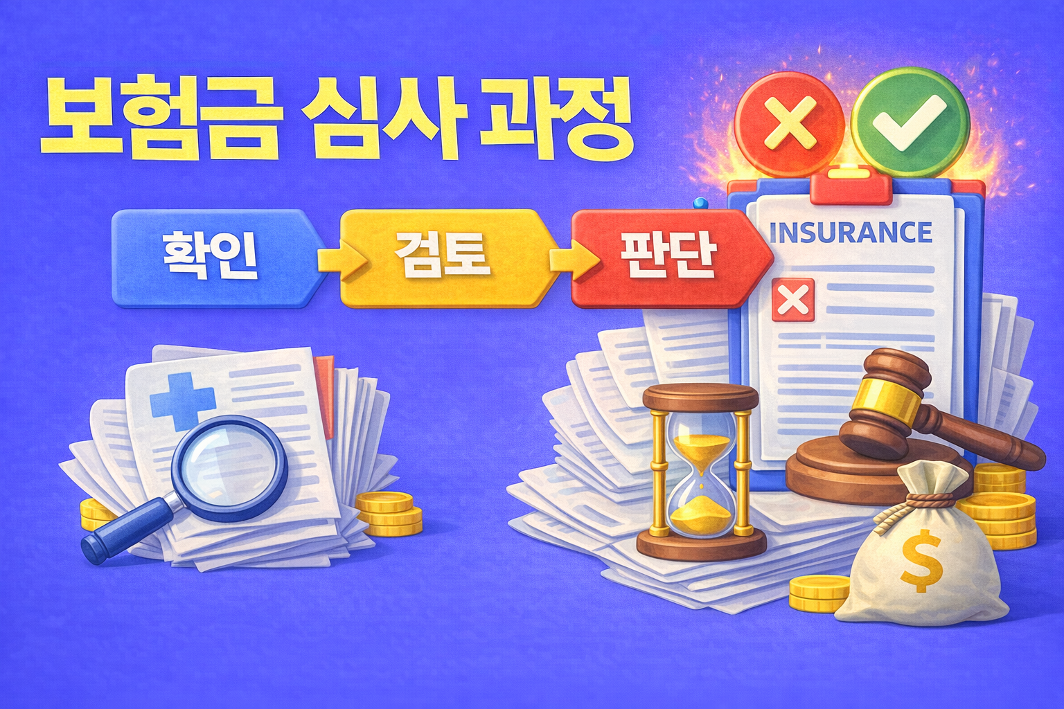 보험금 심사 과정이 확인, 검토, 판단 단계로 진행되며 결과가 갈리는 구조를 설명하는 이미지
