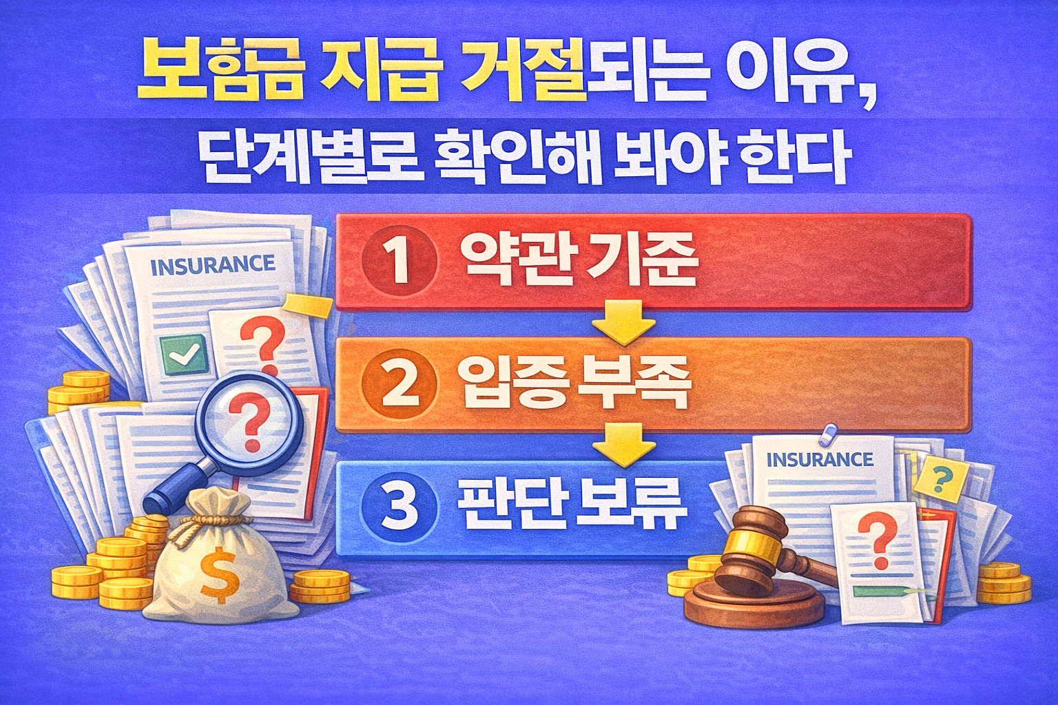 보험금 지급 거절 이유를 약관 기준, 입증 부족, 판단 보류 3단계로 나누어 설명하는 이미지