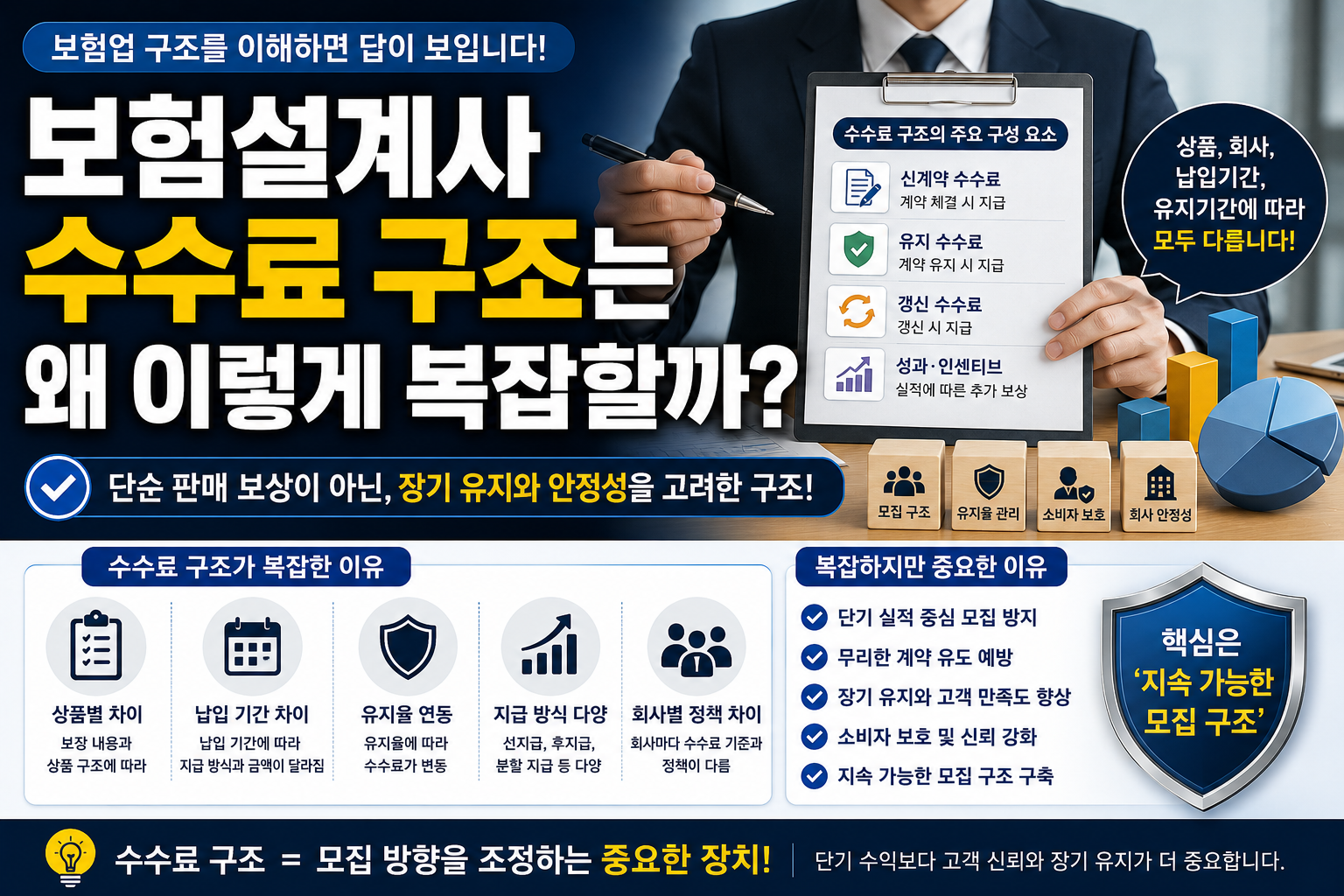 보험설계사 수수료 구조가 복잡한 이유를 설명하는 썸네일, 수수료 구조와 유지율 및 모집 안정성 관련 인포그래픽 이미지