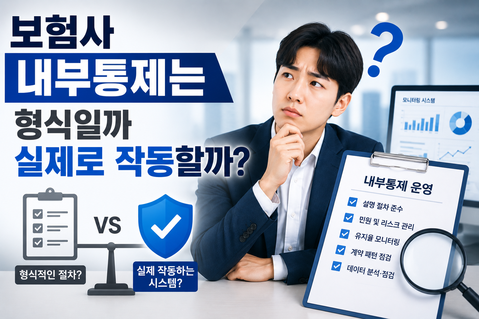 보험사 내부통제가 형식인지 실제로 작동하는 시스템인지 설명하는 썸네일, 내부통제 운영과 데이터 점검 이미지