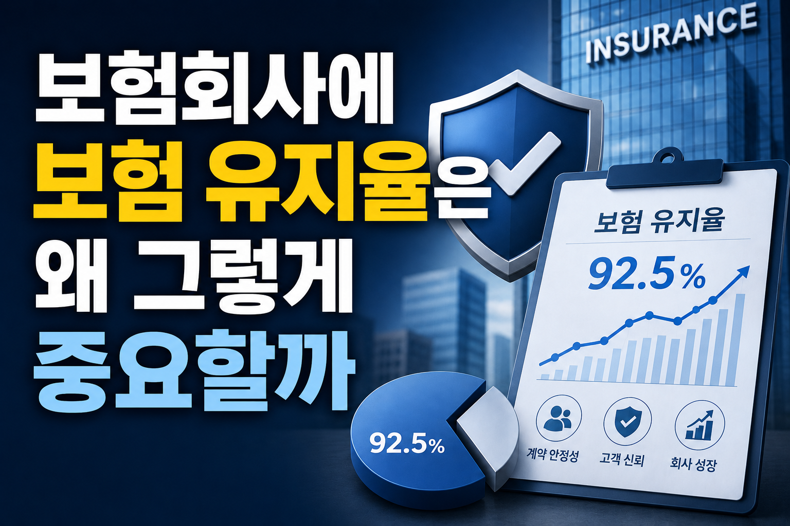 보험회사에서 보험 유지율을 중요하게 보는 이유를 설명하는 썸네일, 유지율 그래프와 고객 신뢰 및 내부통제 이미지