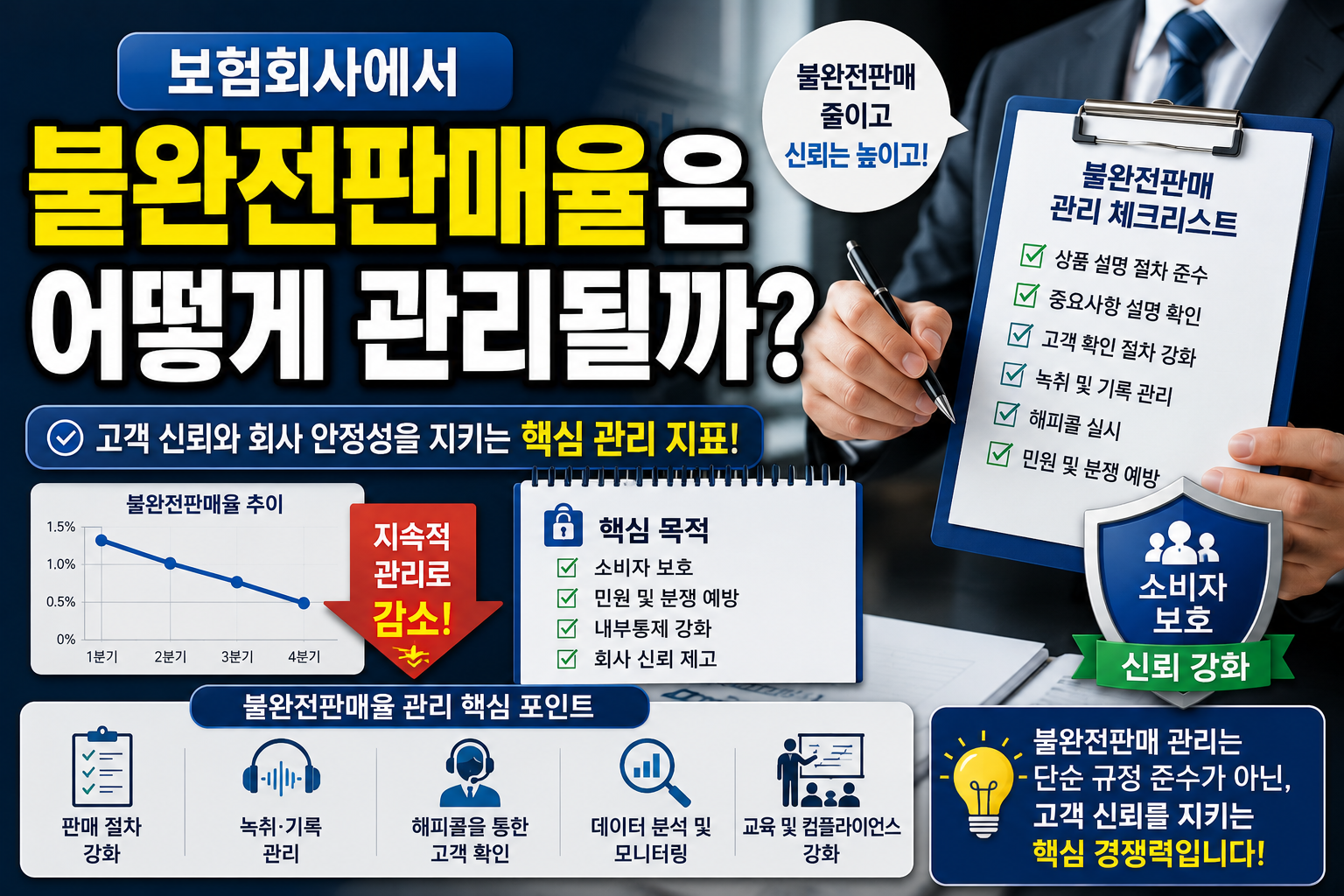 보험회사에서 불완전판매율을 관리하는 방법을 설명하는 썸네일, 판매 절차와 고객 확인 및 내부통제 체크리스트 이미지