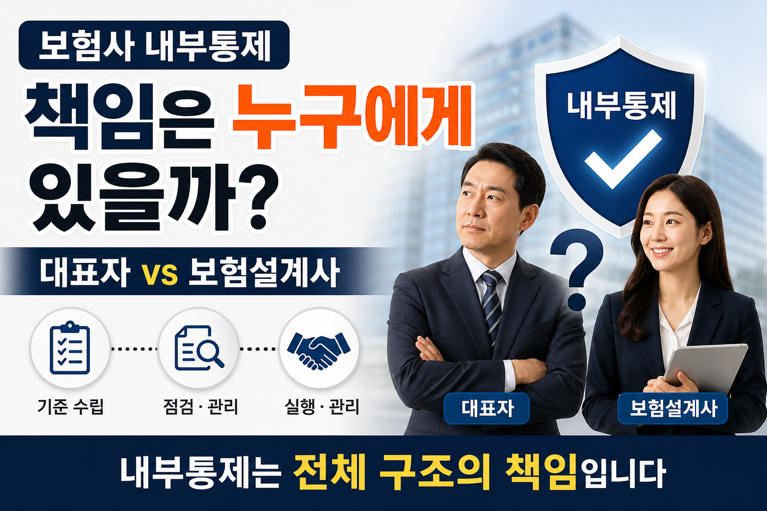 보험사 내부통제 책임 구조를 설명하는 썸네일, 대표자와 보험설계사의 역할 및 전체 구조 책임 이미지