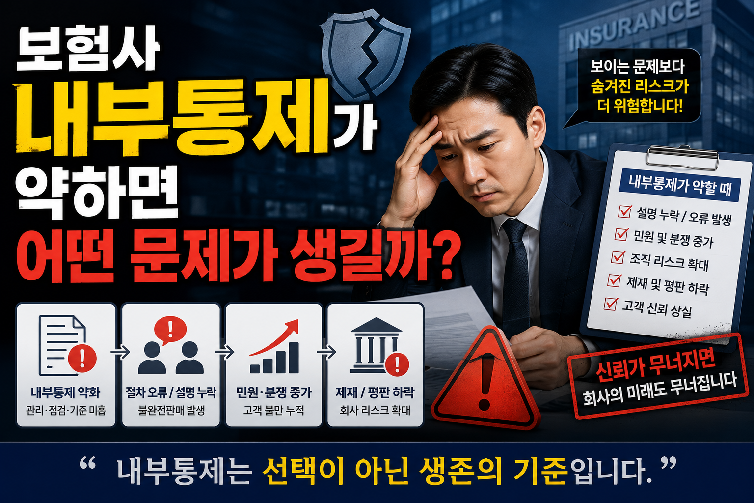 보험사 내부통제가 약할 때 발생하는 문제를 설명하는 썸네일, 민원과 분쟁 증가 및 조직 리스크 이미지