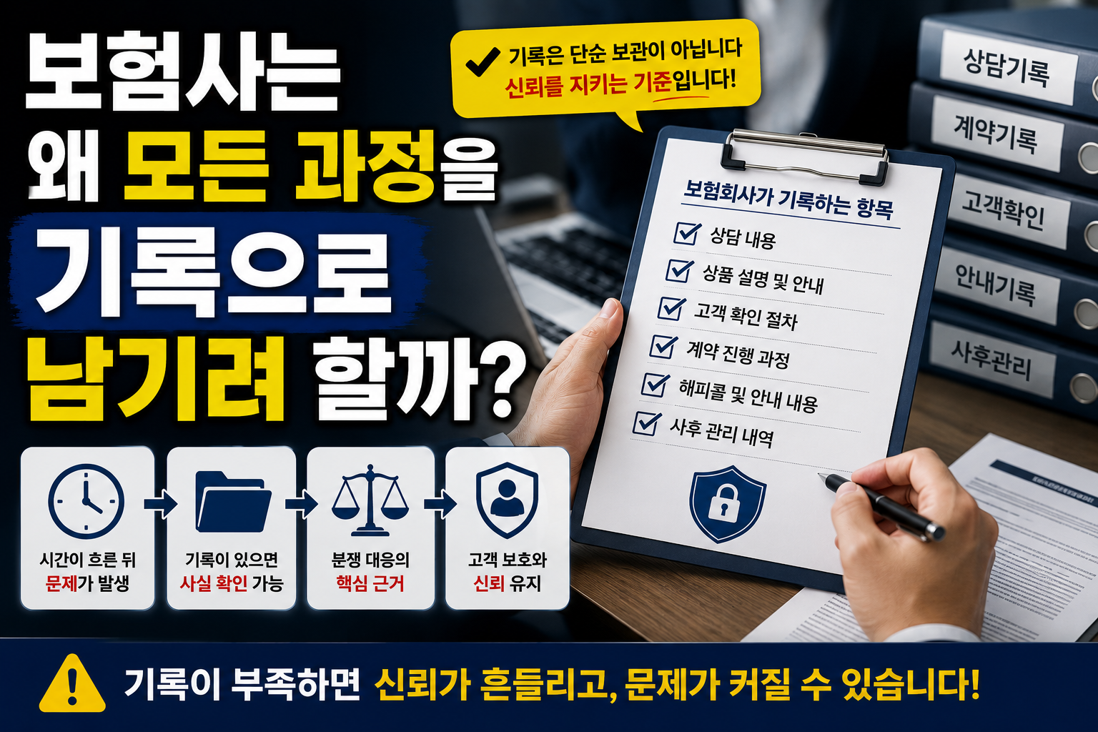 보험회사가 모든 과정을 기록으로 남기는 이유를 설명하는 썸네일, 상담 기록과 계약 관리 및 내부통제 이미지