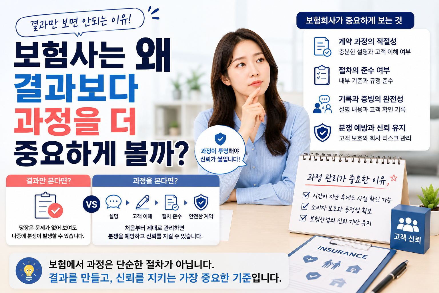 보험회사가 결과보다 과정을 더 중요하게 보는 이유를 설명하는 썸네일, 계약 과정과 절차 관리 및 고객 신뢰 이미지