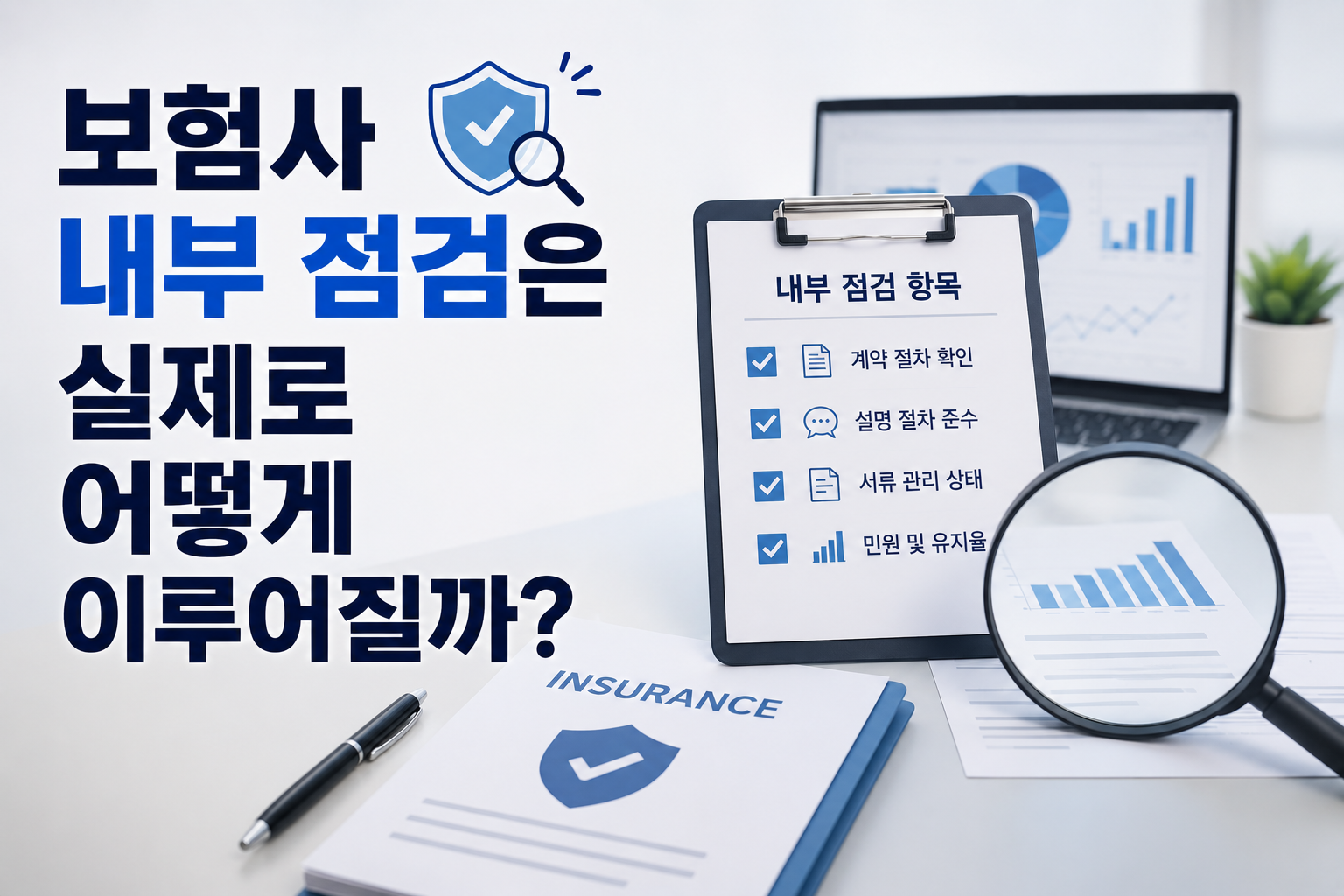 보험사 내부 점검이 실제로 이루어지는 방식을 설명하는 썸네일, 계약 점검과 내부통제 및 데이터 분석 이미지