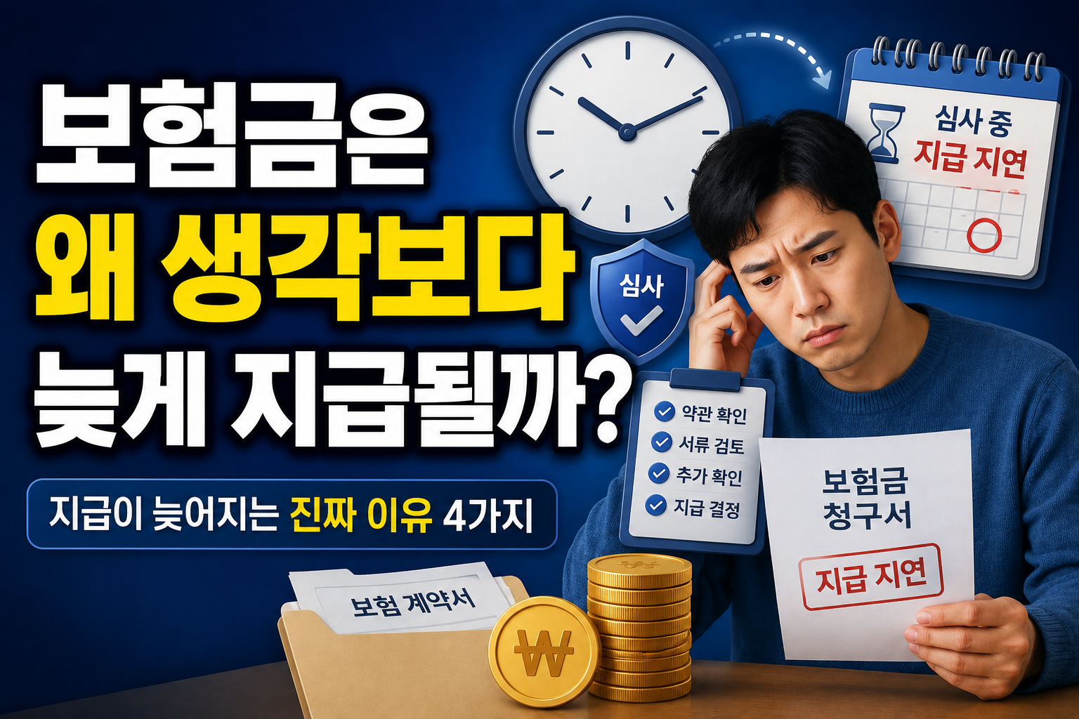 보험금 지급이 늦어지는 이유를 설명하는 썸네일, 보험금 청구서와 지급 지연 및 심사 과정 이미지