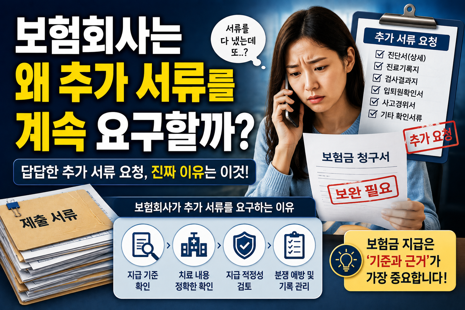 보험회사가 추가 서류를 계속 요구하는 이유를 설명하는 썸네일, 보험금 청구서와 추가 서류 요청 및 심사 과정 이미지