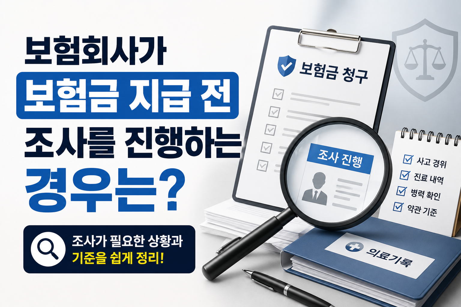 보험회사가 보험금 지급 전 조사를 진행하는 경우를 설명하는 썸네일, 보험금 청구와 의료기록 및 조사 절차 이미지