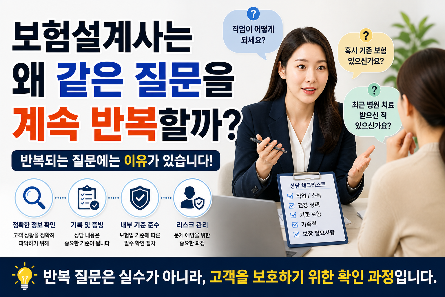 보험설계사가 같은 질문을 반복하는 이유를 설명하는 썸네일, 상담 체크리스트와 고객 확인 과정 이미지