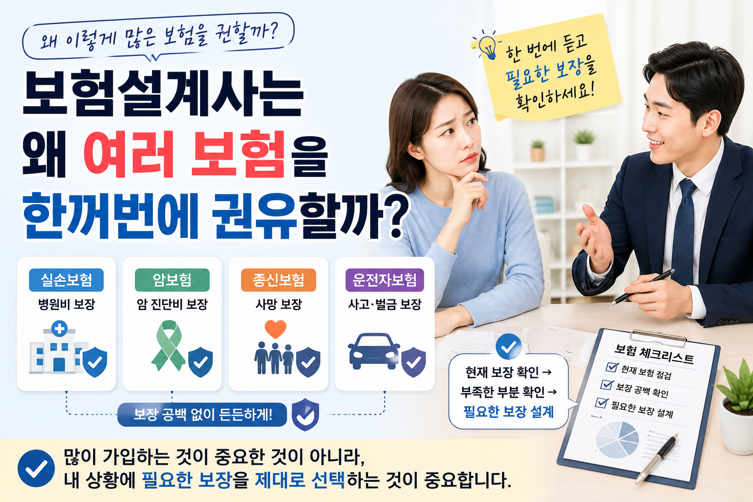 보험설계사가 여러 보험을 한꺼번에 권유하는 이유를 설명하는 썸네일, 실손보험 암보험 운전자보험 상담 이미지
